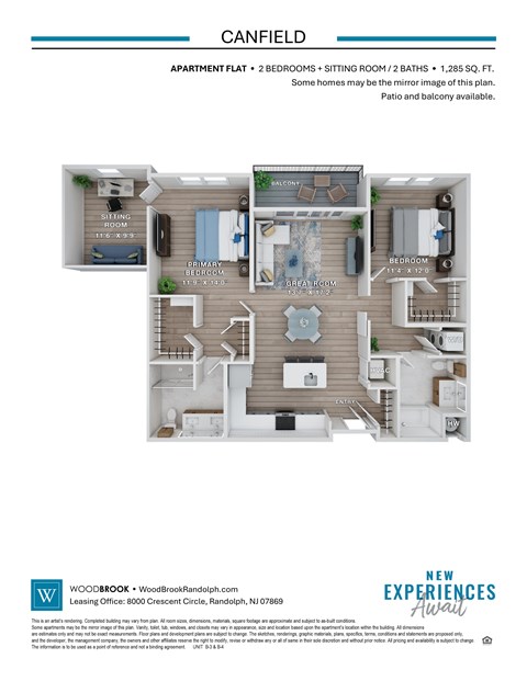 A floor plan for a canfield apartment with 2 bedrooms and a sitting room.